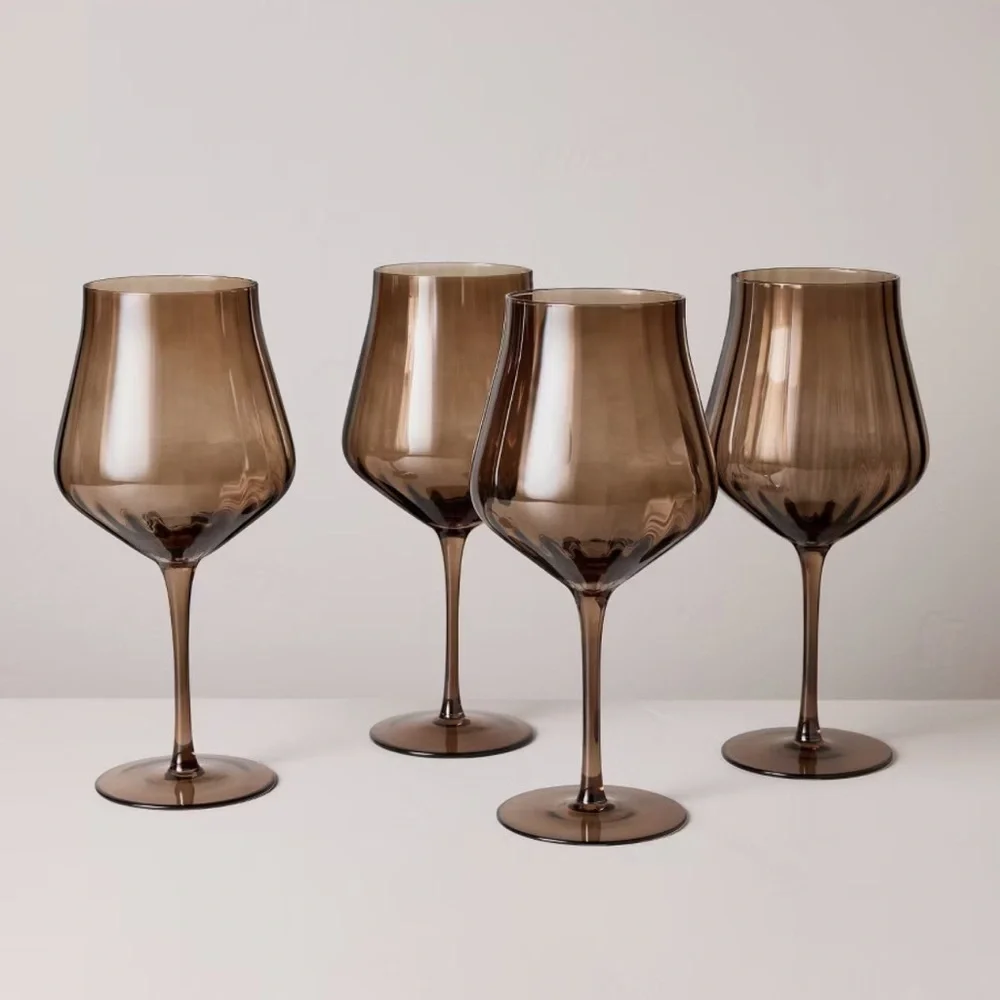 Hearth & Hand Magnolia ***Set of 4***  20oz Wine Glasses Ribbed Brown NEW IN BOX